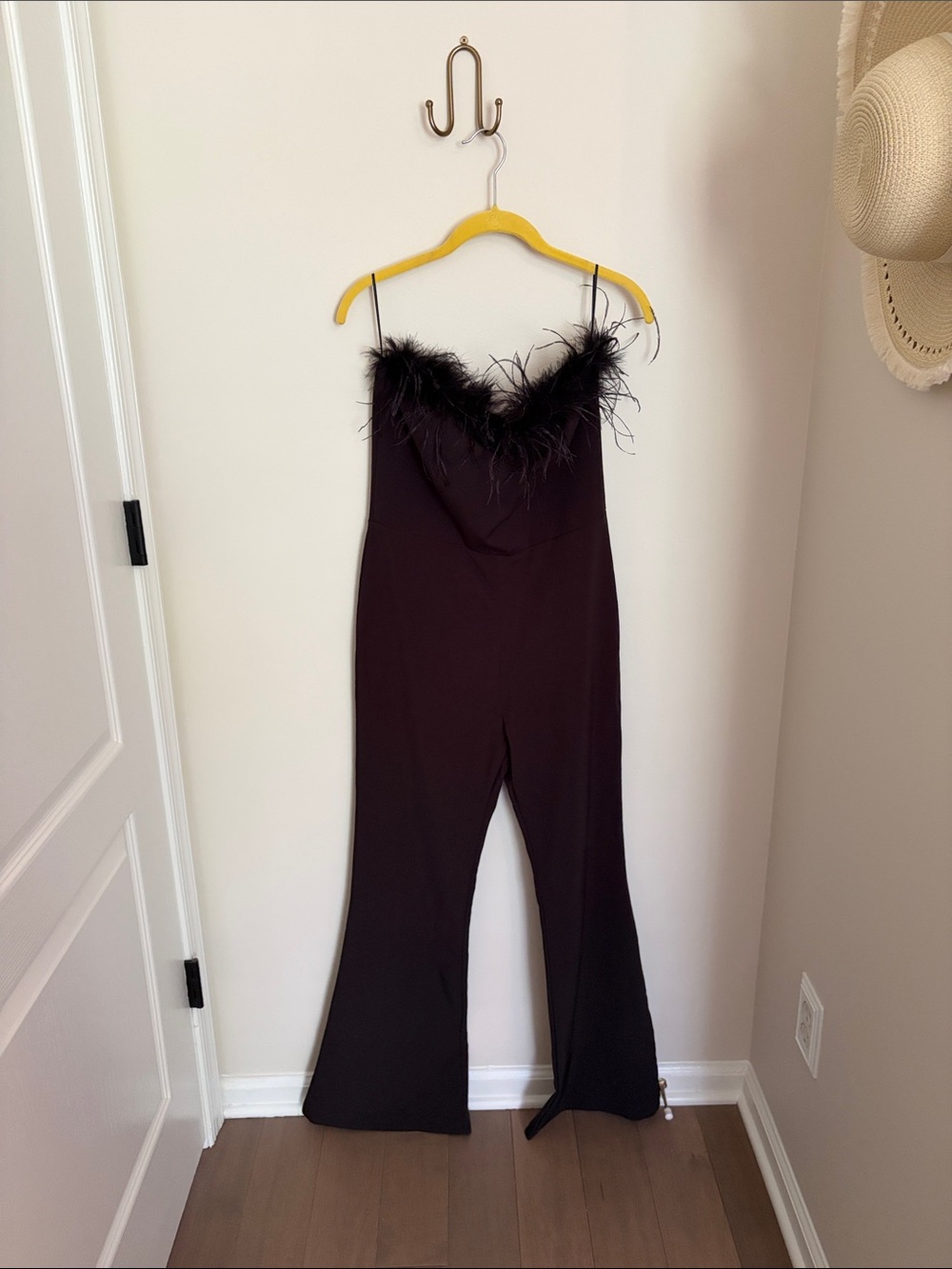 Black Feather Trim Wide-Leg Jumpsuit